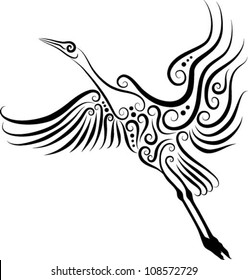 Bird vector 2 (crane). Heron sketch with curl decorative ornament