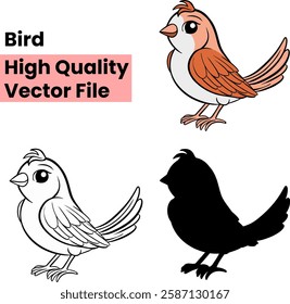 Bird Vector Illustration - Cute Cartoon Bird in Color, Black and White, and Silhouette (EPS)