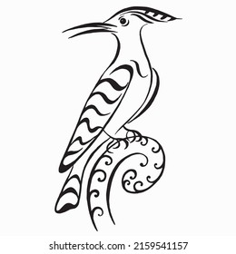 Bird vector illustration. A bird hoopoe on a branch. Stylised black and white ink illustration. Silhouette vector illustration. Linear drawing. Calligraphy image. Tattoo, logo design. 