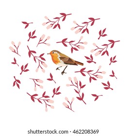 Bird vector illustration robin with flower and leaves background