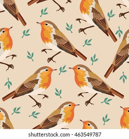 Bird vector illustration robin with leaves floral background