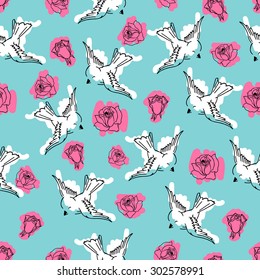 bird vector illustration of rose pattern blue pink seamless