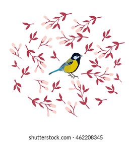 Bird vector illustration tomtit with flower and leaves background