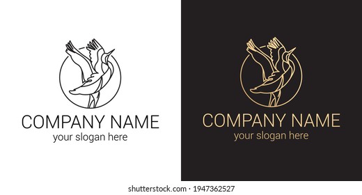 Сrane bird vector logo design template. Line art illustration.
