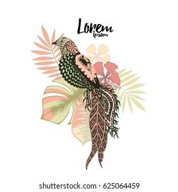 Bird vector with palm leaves and hibiscus flower. Floral pattern.