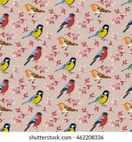 Bird vector seamless pattern bullfinch, robin and tomtit with flower and leaves background