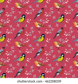 Bird vector seamless pattern bullfinch, robin and tomtit with flower and leaves background