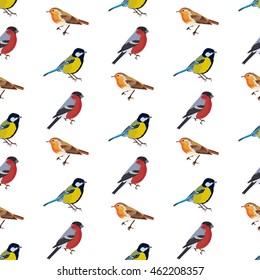 Bird vector seamless pattern bullfinch, robin and tomtit with flower and leaves background