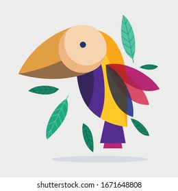 Vogel mit lebhaften, bunten Federn im Blattwerk. Pflanzendesign, naturbelassene Pflanzenwelt, Vektorillustration