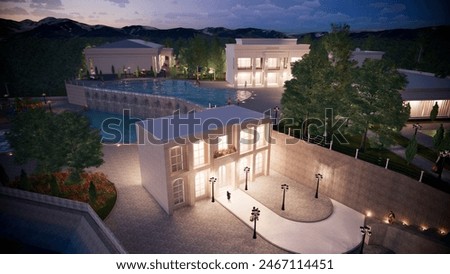 bird view design of 3D classic buildings and swimming pools with different elevations rendered with lighting at night