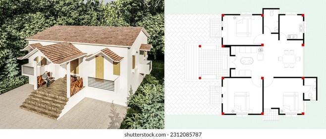 The bird view of house, it is a single stored house, it has a tiled roof, and it is surrounded by trees and gardens. 