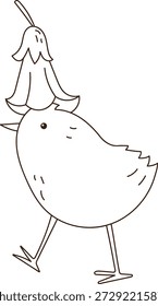 Bird walking with a bellflower hat, thin outline and clean contour. Symbol of whimsy, spring wander, and gentle humor for greeting card or kid story. Cartoon vector illustration.