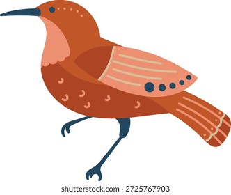 Pássaro andando com bico longo e ornamento nórdico folk, vista lateral com asa estampada e cauda. Símbolo de liberdade, viagem e folclore da natureza, motivo aviário para artesanato. Ilustração de vetor de desenhos animados.