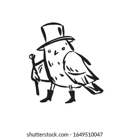 The bird walks in a hat and boots with a cane. Hand-drawn in line art style. Monochrome vector illustration. Isolated on white.