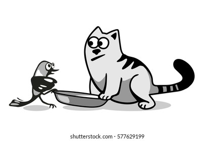 The bird wants to eat cat food. Isolated on white background. Vector black and gray flat illustration.