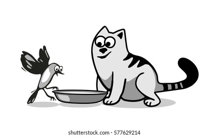 The bird wants to eat cat food. Isolated on white background. Vector black and gray flat illustration.