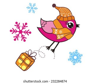 Bird in a warm hat and a scarf fly with gift. Christmas vector illustration 