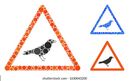 Bird warning composition of filled circles in variable sizes and color tints, based on bird warning icon. Vector filled circles are united into blue composition.