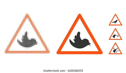 Bird warning halftone vector icon and solid version. Illustration style is dotted iconic Bird warning icon symbol on a white background. Halftone matrix is circle dots. Some bonus pictograms.