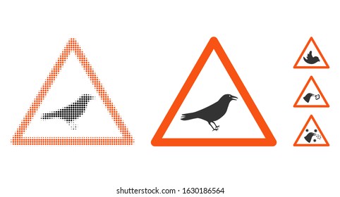 Bird warning halftone vector icon and solid version. Illustration style is dotted iconic Bird warning icon symbol on a white background. Halftone texture is round items. Some bonus pictograms.