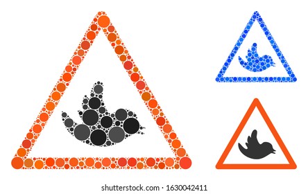 Bird warning mosaic of round dots in various sizes and color tinges, based on bird warning icon. Vector dots are united into blue composition. Dotted bird warning icon in usual and blue versions.