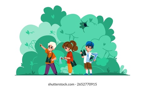 bird watching hobby kid vector. feathers migration, nesting habitat, conservation observation bird watching hobby kid character. people flat cartoon illustration