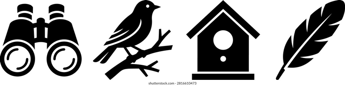 Bird watching icon collection of black silhouettes. The graphics depict binoculars, a bird on a branch, a birdhouse, and a feather. Ideal for nature themes.