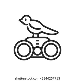 Icono de observación de aves. Signo editable de contorno vectorial de Binoculares con pájaro pequeño. Ilustración Mínima Lineal.