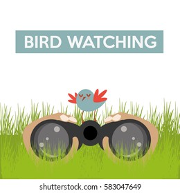 Bird watching illustration, binoculars camouflaged between the green grass and a bird on them