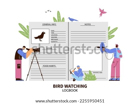 Bird watching logbook with tiny characters - flat vector illustration isolated on white background. Group of ornithologists observing birds and making scientific notes.