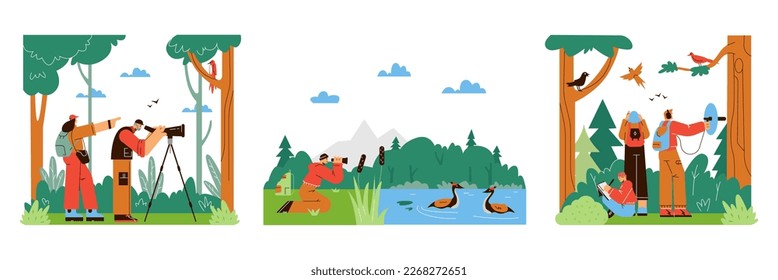 Bird watching and ornithology banners set with scientists ornithologists characters, flat cartoon vector illustration isolated on white background. Observation of birds.