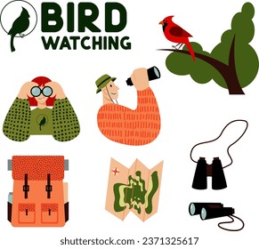 Bird watching set. Ornithology equipment: binoculars, backpack, map. People in nature. Man, woman and child are nature lovers.  