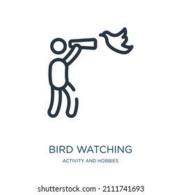 bird watching thin line icon. bird, vintage linear icons from activity and hobbies concept isolated outline sign. Vector illustration symbol element for web design and apps.