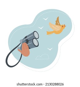 Bird watching through the binoculars. Nature observing hand drawn vector illustration