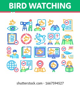 Bird Watching Tourism Collection Icons Set Vector. Bird Watching Photo Camera And Binocular Equipment, Traveler Tourist, Map And Book Concept Linear Pictograms. Color Contour Illustrations