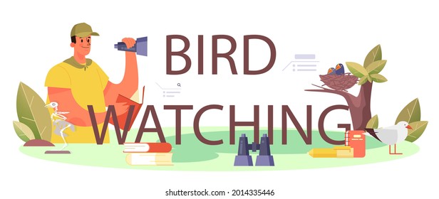 Bird watching typographic header. Ornithologist study birds. Zoologist research, naturalist working with bird. Isolated vector illustration