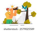 Bird Watching Vector Illustration featuring People Observing Bird in Nature with a Zoologist or Naturalist in a Park or Forest Setting in a Background