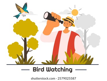 Bird Watching Vector Illustration featuring People Observing Bird in Nature with a Zoologist or Naturalist in a Park or Forest Setting in a Background