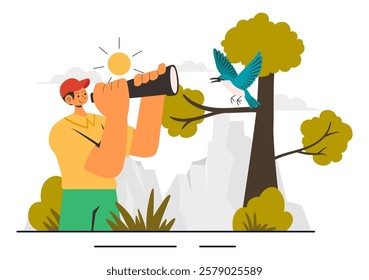 Bird Watching Vector Illustration featuring People Observing Bird in Nature with a Zoologist or Naturalist in a Park or Forest Setting in a Background