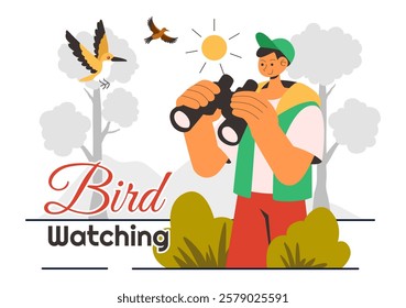 Bird Watching Vector Illustration featuring People Observing Bird in Nature with a Zoologist or Naturalist in a Park or Forest Setting in a Background