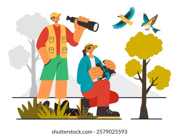 Bird Watching Vector Illustration featuring People Observing Bird in Nature with a Zoologist or Naturalist in a Park or Forest Setting in a Background