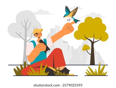 Bird Watching Vector Illustration featuring People Observing Bird in Nature with a Zoologist or Naturalist in a Park or Forest Setting in a Background