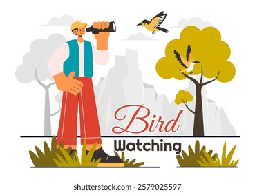 Bird Watching Vector Illustration featuring People Observing Bird in Nature with a Zoologist or Naturalist in a Park or Forest Setting in a Background