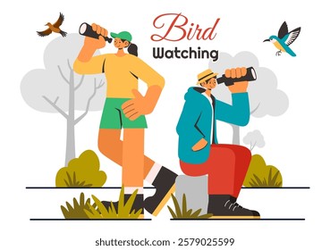 Bird Watching Vector Illustration featuring People Observing Bird in Nature with a Zoologist or Naturalist in a Park or Forest Setting in a Background