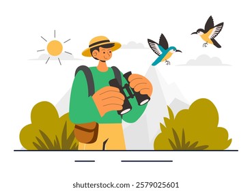 Bird Watching Vector Illustration featuring People Observing Bird in Nature with a Zoologist or Naturalist in a Park or Forest Setting in a Background