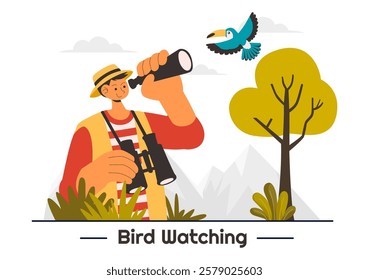 Bird Watching Vector Illustration featuring People Observing Bird in Nature with a Zoologist or Naturalist in a Park or Forest Setting in a Background