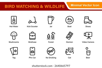 Bird Watching Wildlife Icon Set – Minimal Line Vector Illustrations for Nature, Animals, Birds, Outdoors, and Wildlife Conservation Projects