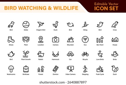 Bird Watching Wildlife Icon Set – Minimal Line Vector Illustrations for Nature, Animals, Birds, Outdoors, and Wildlife Conservation Projects