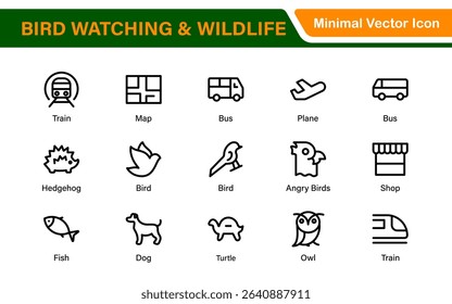 Bird Watching Wildlife Icon Set – Minimal Line Vector Illustrations for Nature, Animals, Birds, Outdoors, and Wildlife Conservation Projects