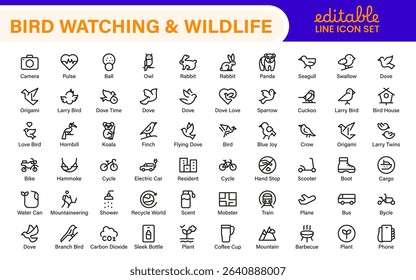 Bird Watching Wildlife Icon Set – Minimal Line Vector Illustrations for Nature, Animals, Birds, Outdoors, and Wildlife Conservation Projects